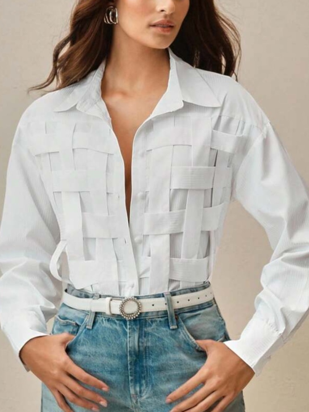 Classic Unique Panel Button Up Down Front Shirt Top Blouse Blue White - Picture 5 of 14